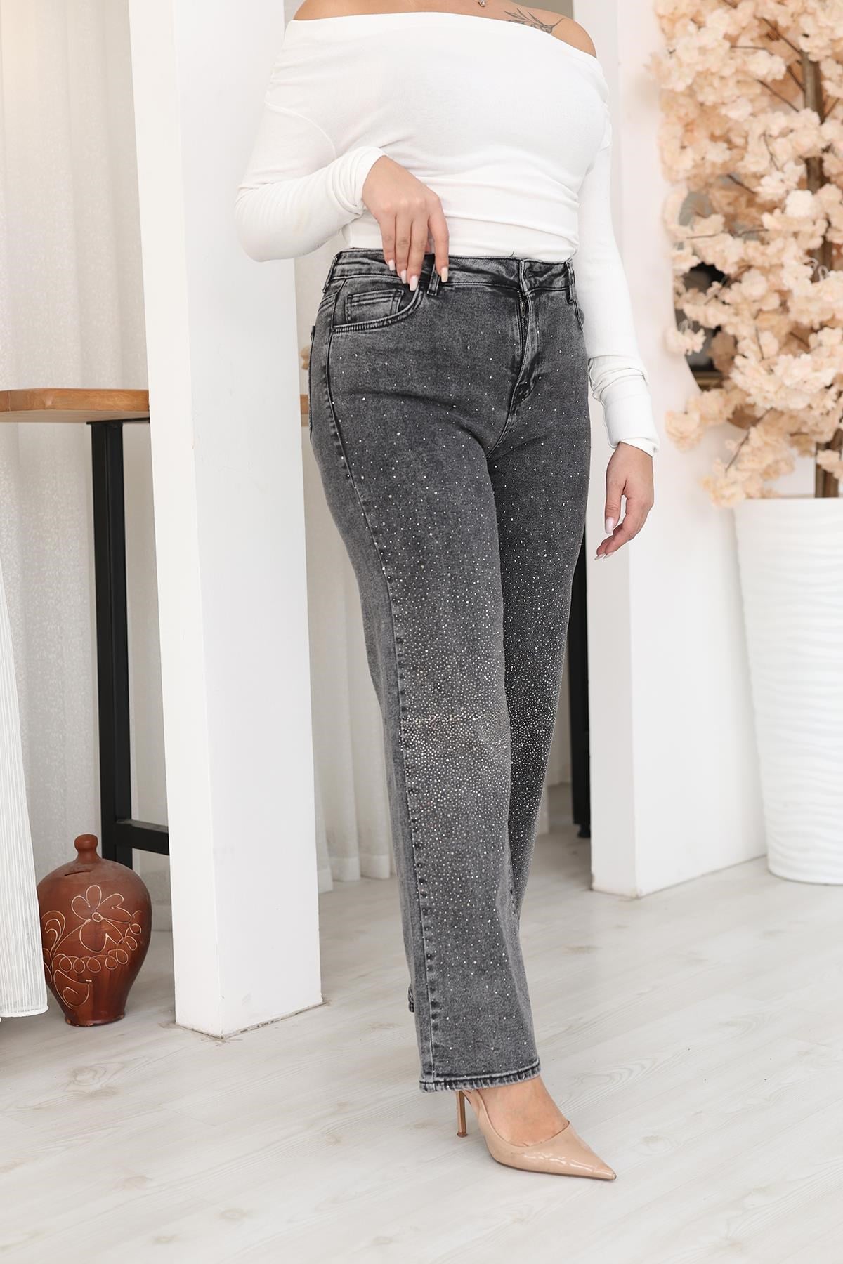 Pantolon Büyük Beden Taşlı Palazzo Likralı Jean Pantolon