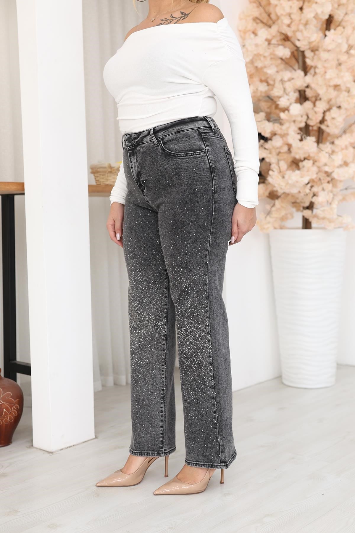 Pantolon Büyük Beden Taşlı Palazzo Likralı Jean Pantolon
