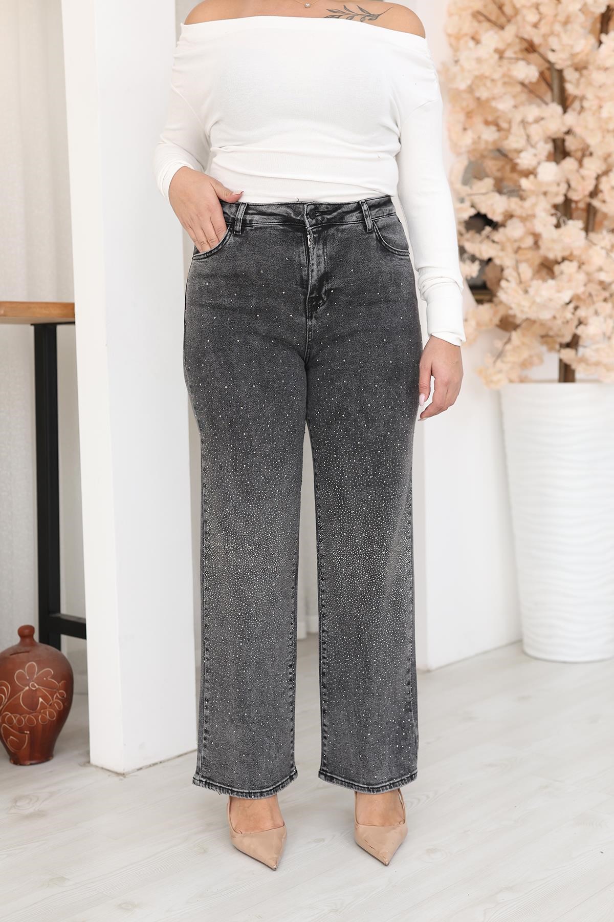 Pantolon Büyük Beden Taşlı Palazzo Likralı Jean Pantolon