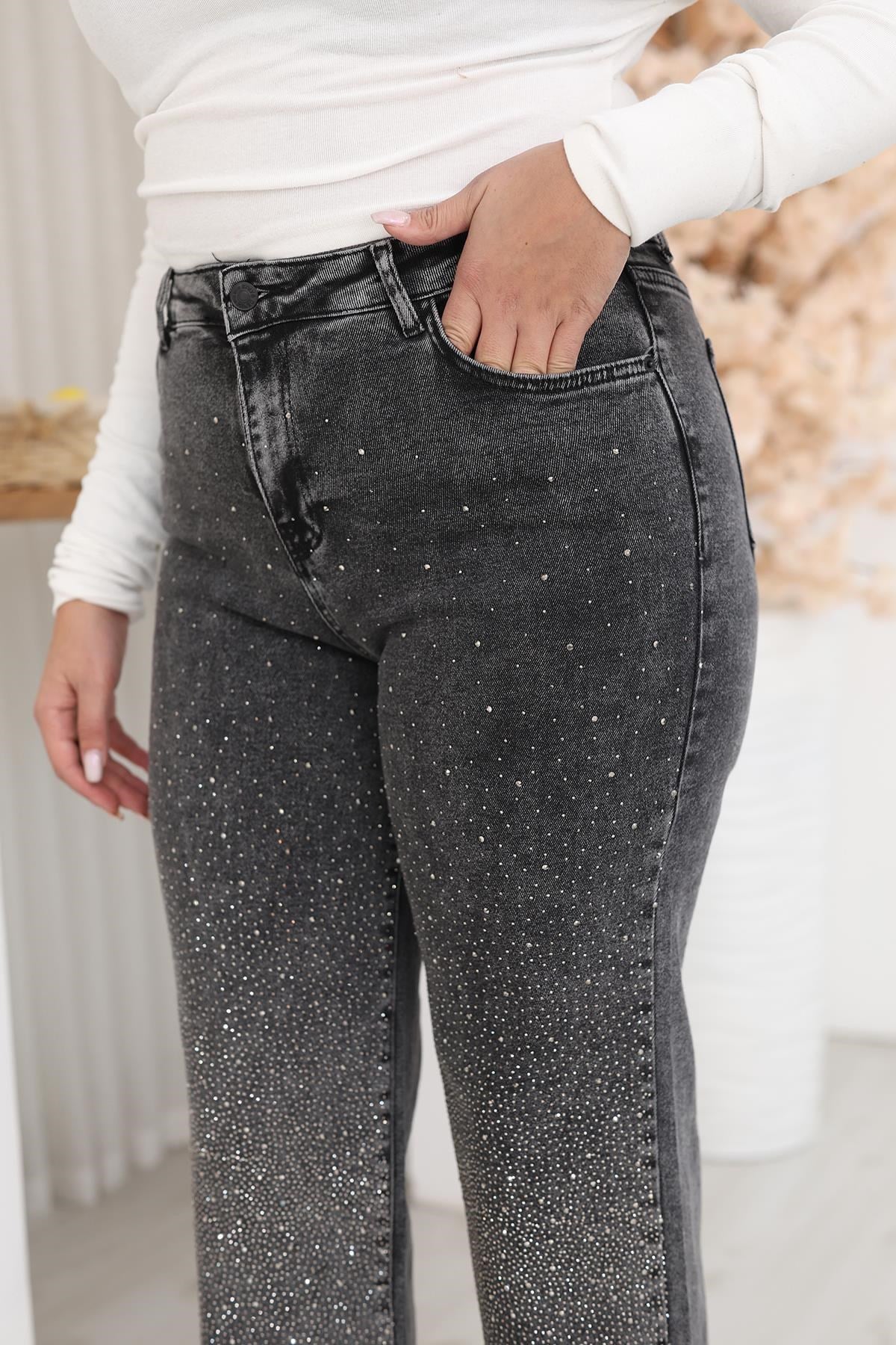 Pantolon Büyük Beden Taşlı Palazzo Likralı Jean Pantolon