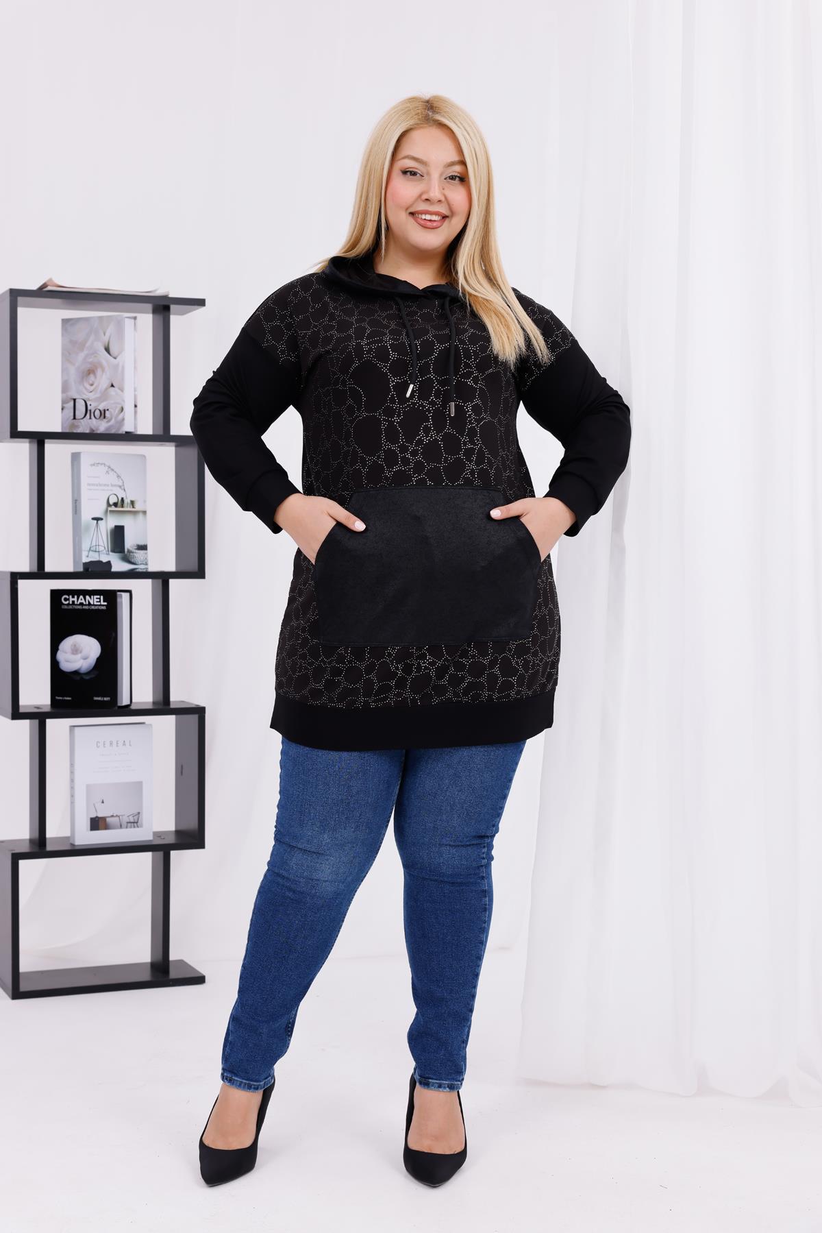 Sweatshirt Büyük Beden Taşlı Uzun Sweatshirt
