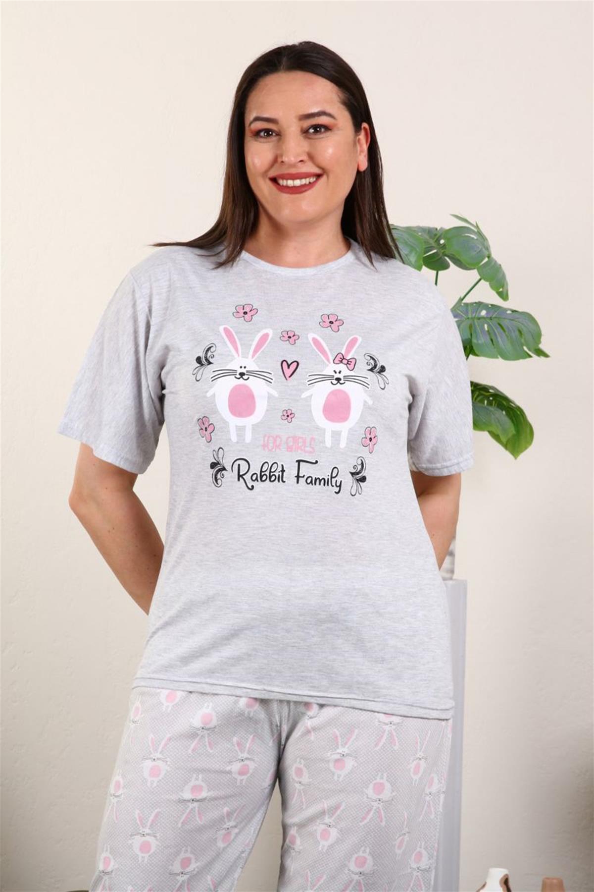 Pijama Takımı Büyük Beden Tavşan Baskılı Kapri Şortlu Pijama Takımı Pembe