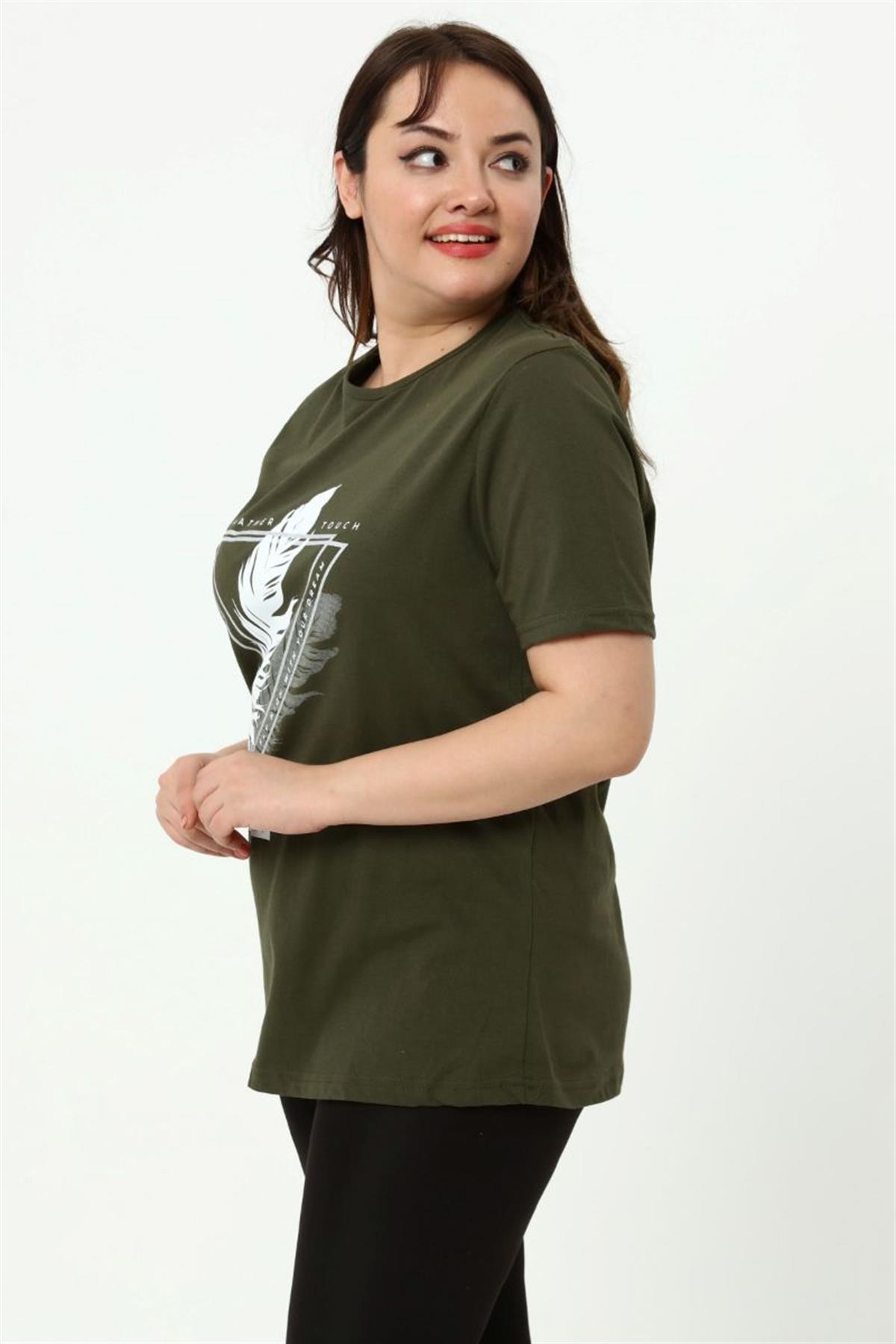 Tshirt Büyük Beden Tüy Baskılı T-Shirt Haki