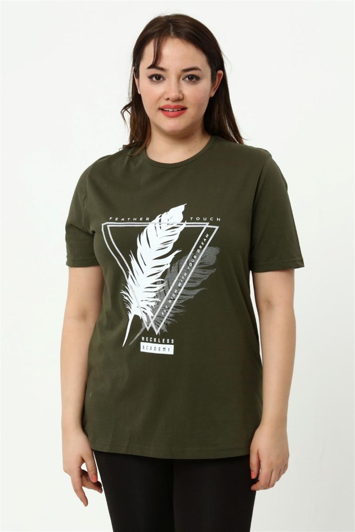 Tshirt Büyük Beden Tüy Baskılı T-Shirt Haki