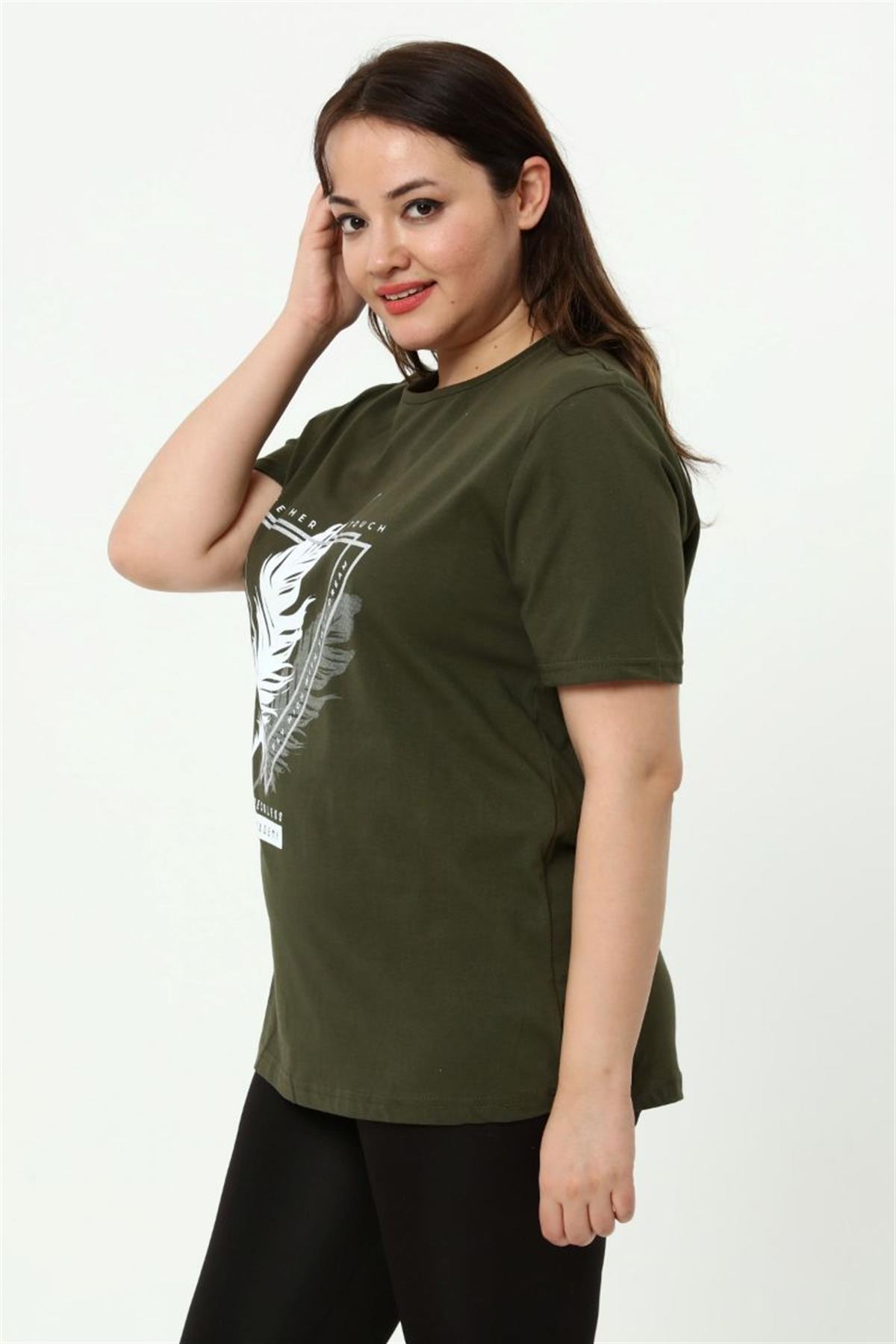 Tshirt Büyük Beden Tüy Baskılı T-Shirt Haki