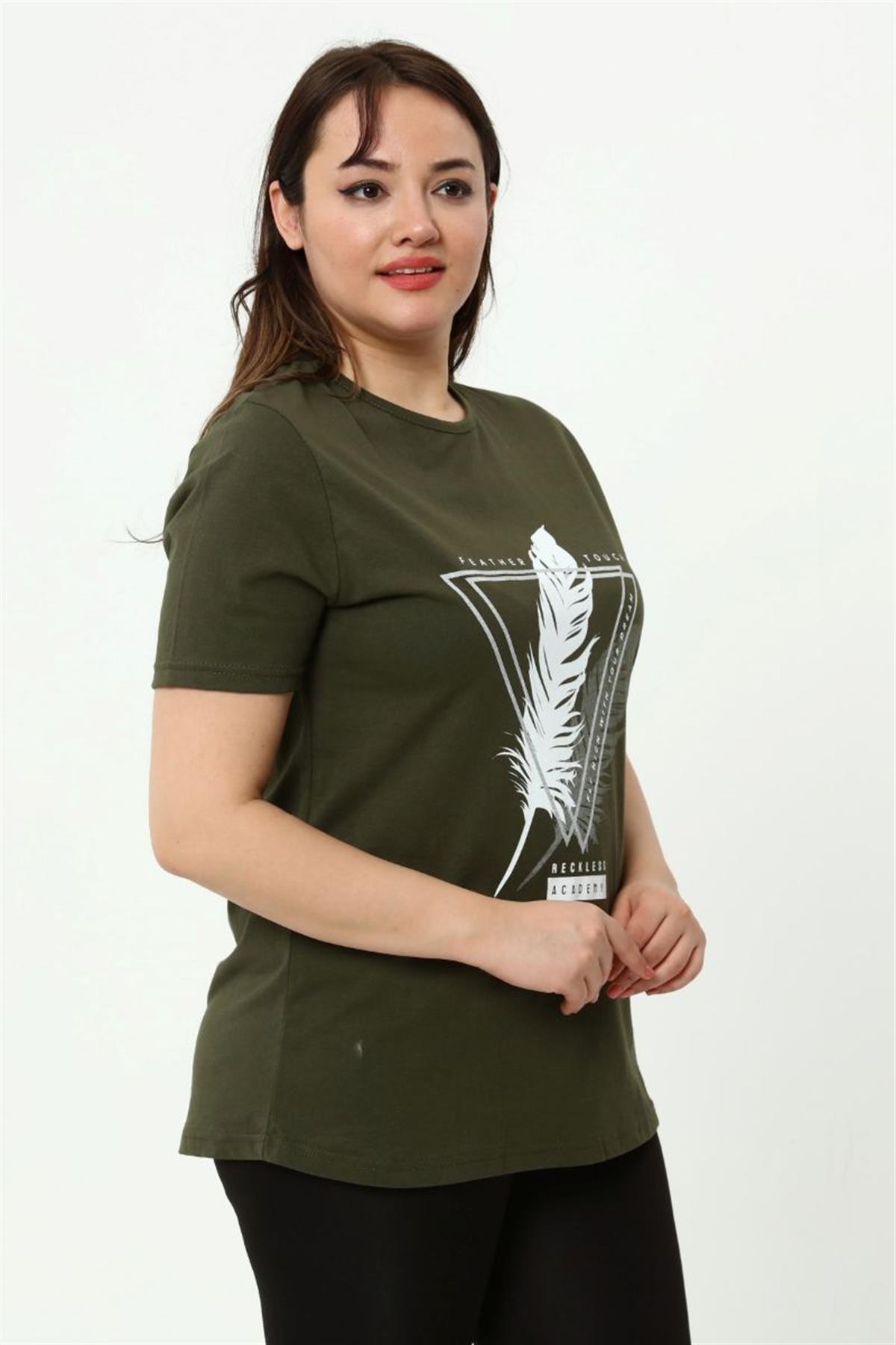 Tshirt Büyük Beden Tüy Baskılı T-Shirt Haki