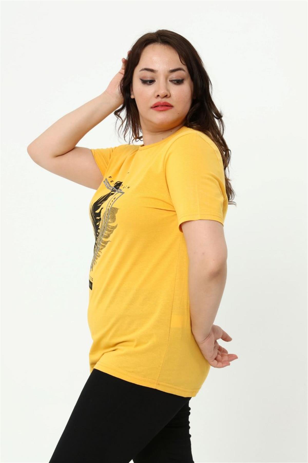Tshirt Büyük Beden Tüy Baskılı T-Shirt Hardal