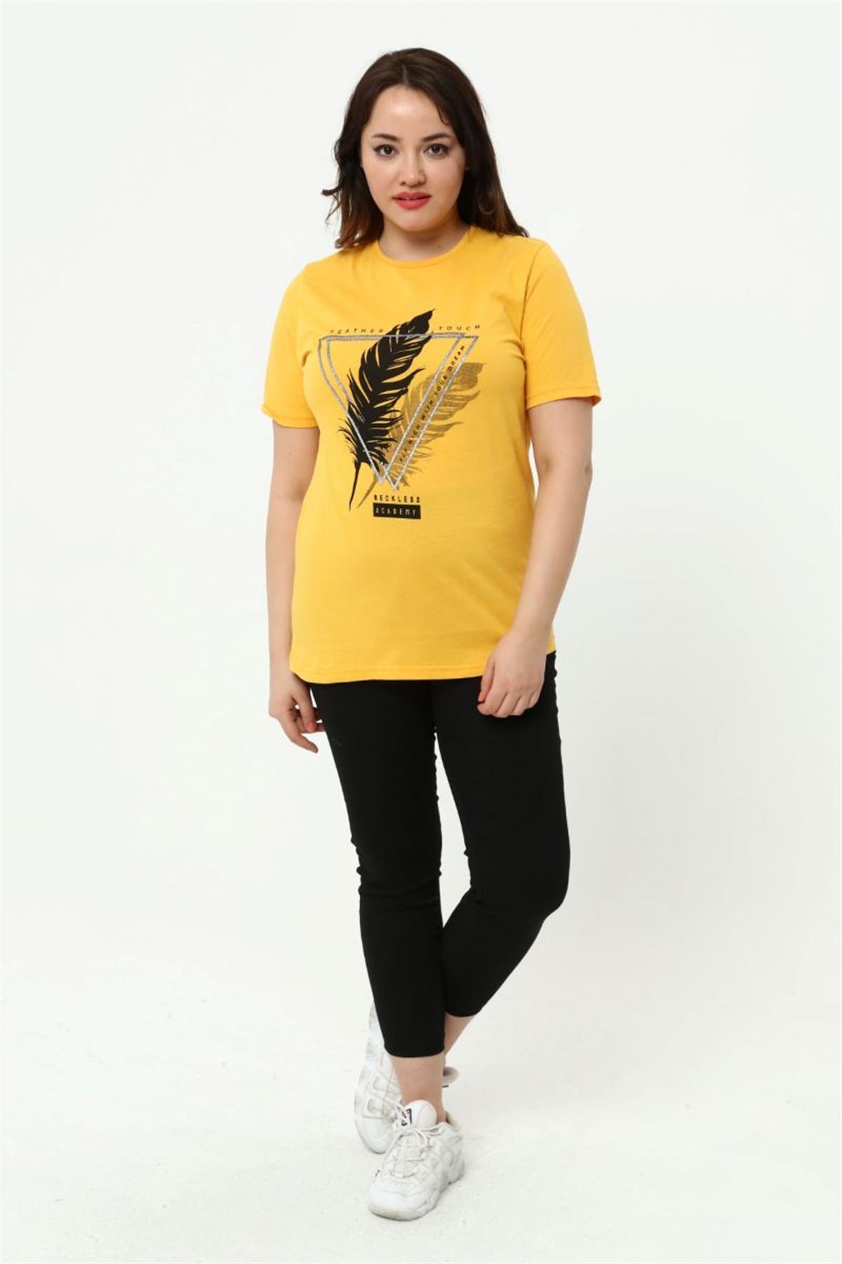 Tshirt Büyük Beden Tüy Baskılı T-Shirt Hardal