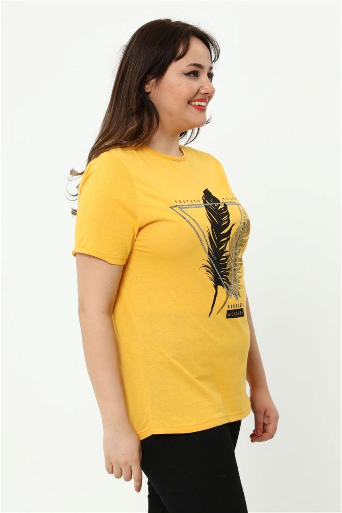 Tshirt Büyük Beden Tüy Baskılı T-Shirt Hardal