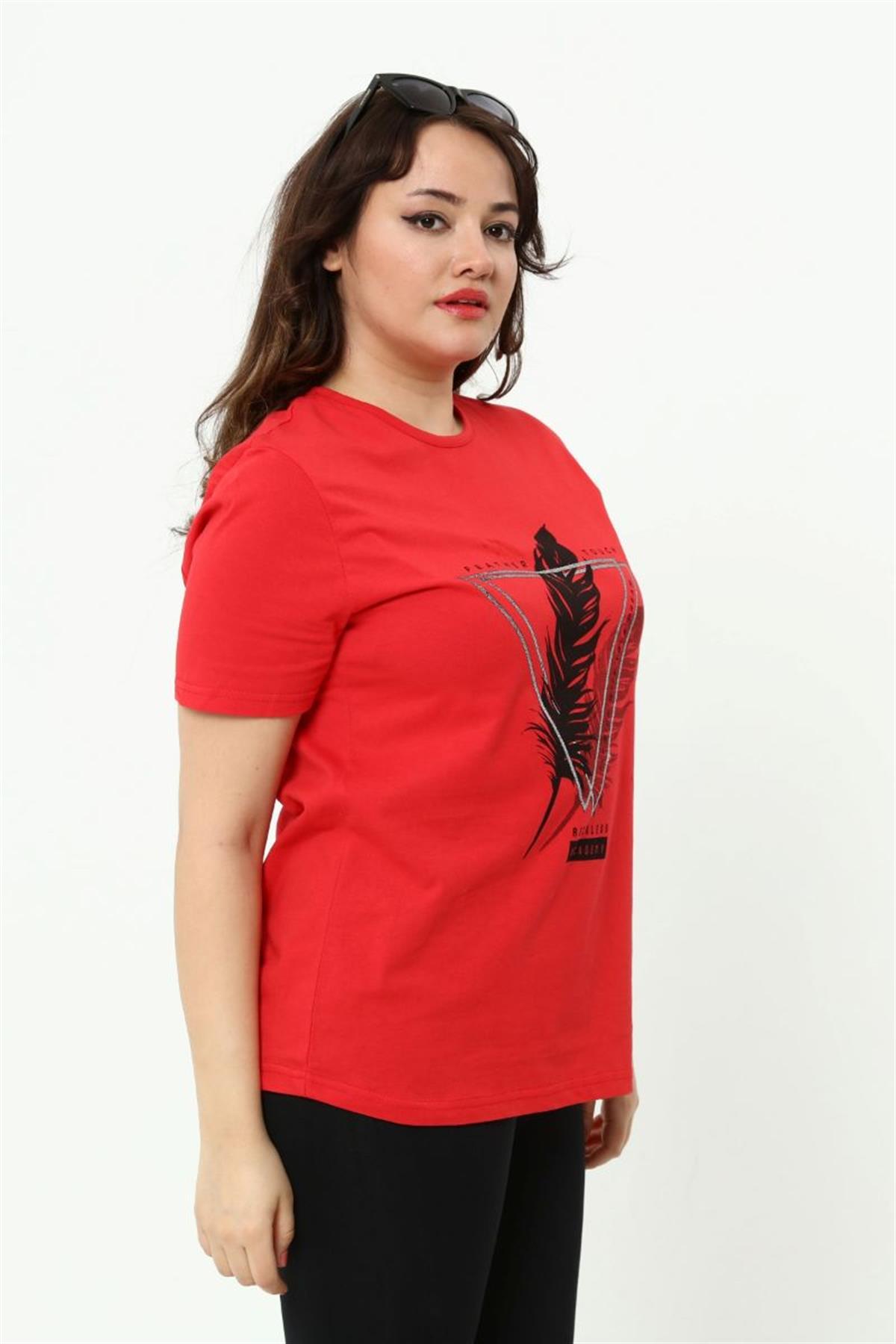 Tshirt Büyük Beden Tüy Baskılı T-Shirt Kırmızı