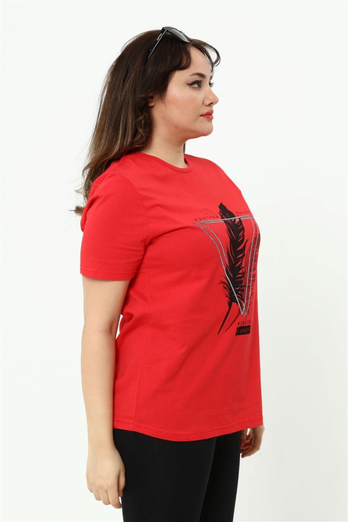 Tshirt Büyük Beden Tüy Baskılı T-Shirt Kırmızı