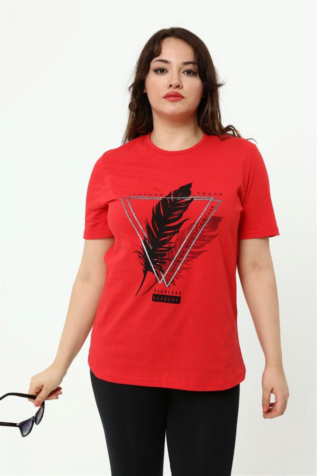 Tshirt Büyük Beden Tüy Baskılı T-Shirt Kırmızı