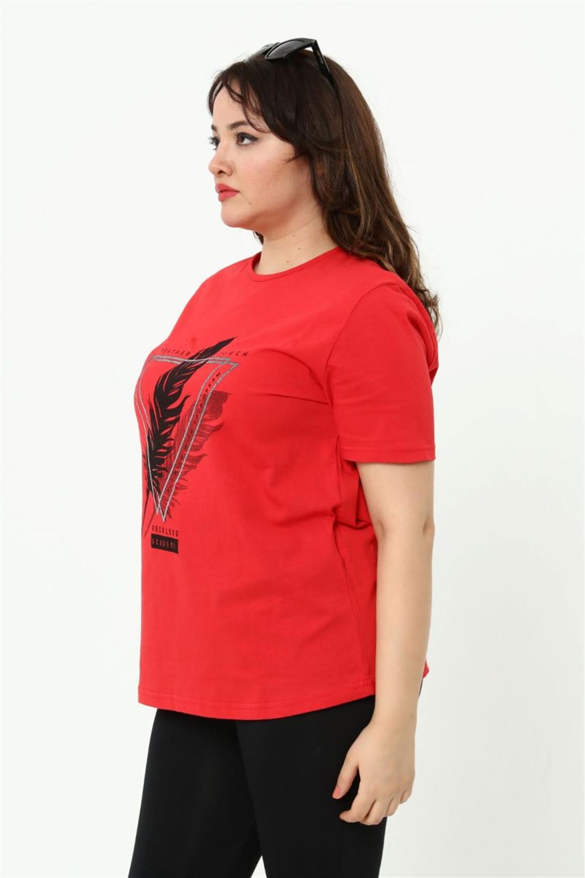 Tshirt Büyük Beden Tüy Baskılı T-Shirt Kırmızı