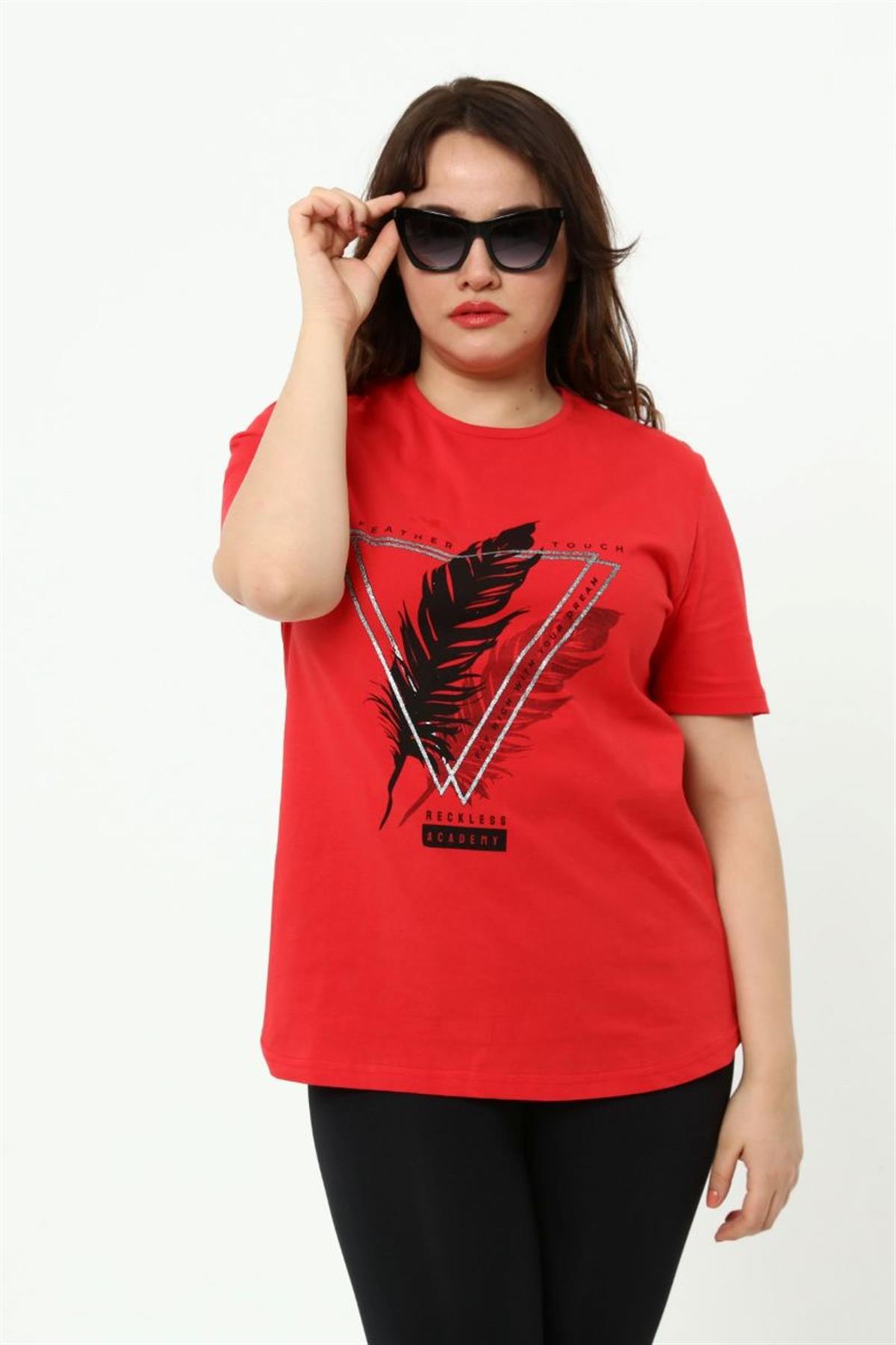 Tshirt Büyük Beden Tüy Baskılı T-Shirt Kırmızı