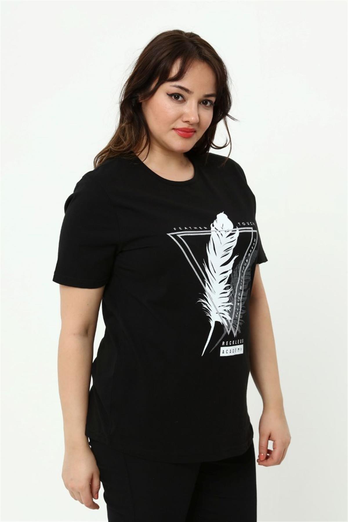 Tshirt Büyük Beden Tüy Baskılı T-Shirt Siyah