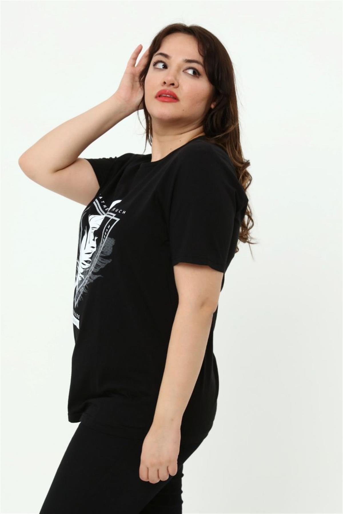 Tshirt Büyük Beden Tüy Baskılı T-Shirt Siyah