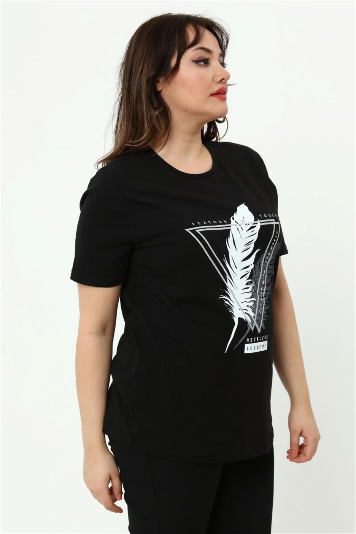 Tshirt Büyük Beden Tüy Baskılı T-Shirt Siyah