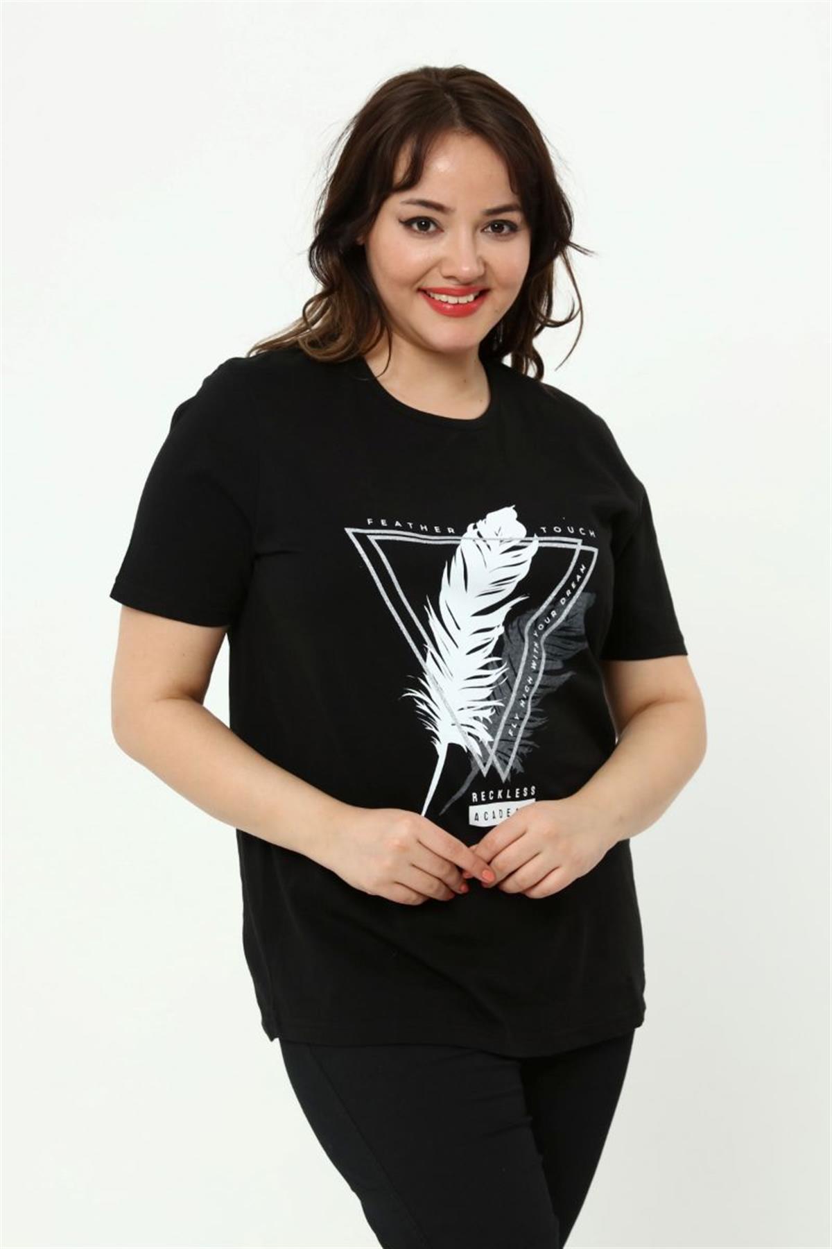 Tshirt Büyük Beden Tüy Baskılı T-Shirt Siyah