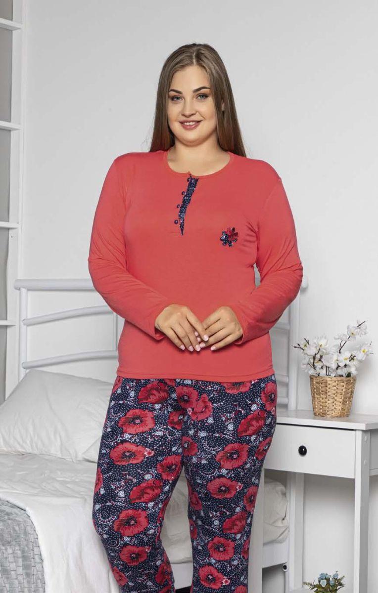 Pijama Takımı Büyük Beden Üç Düğme Sümbül Baskılı Pijama Takımı Koyu Pembe