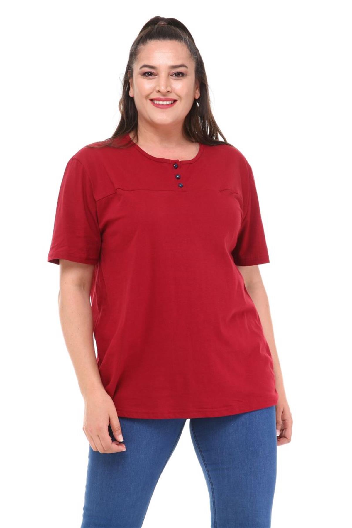 Tshirt Büyük Beden Üç Düğmeli Yarım Kol Bluz Bordo
