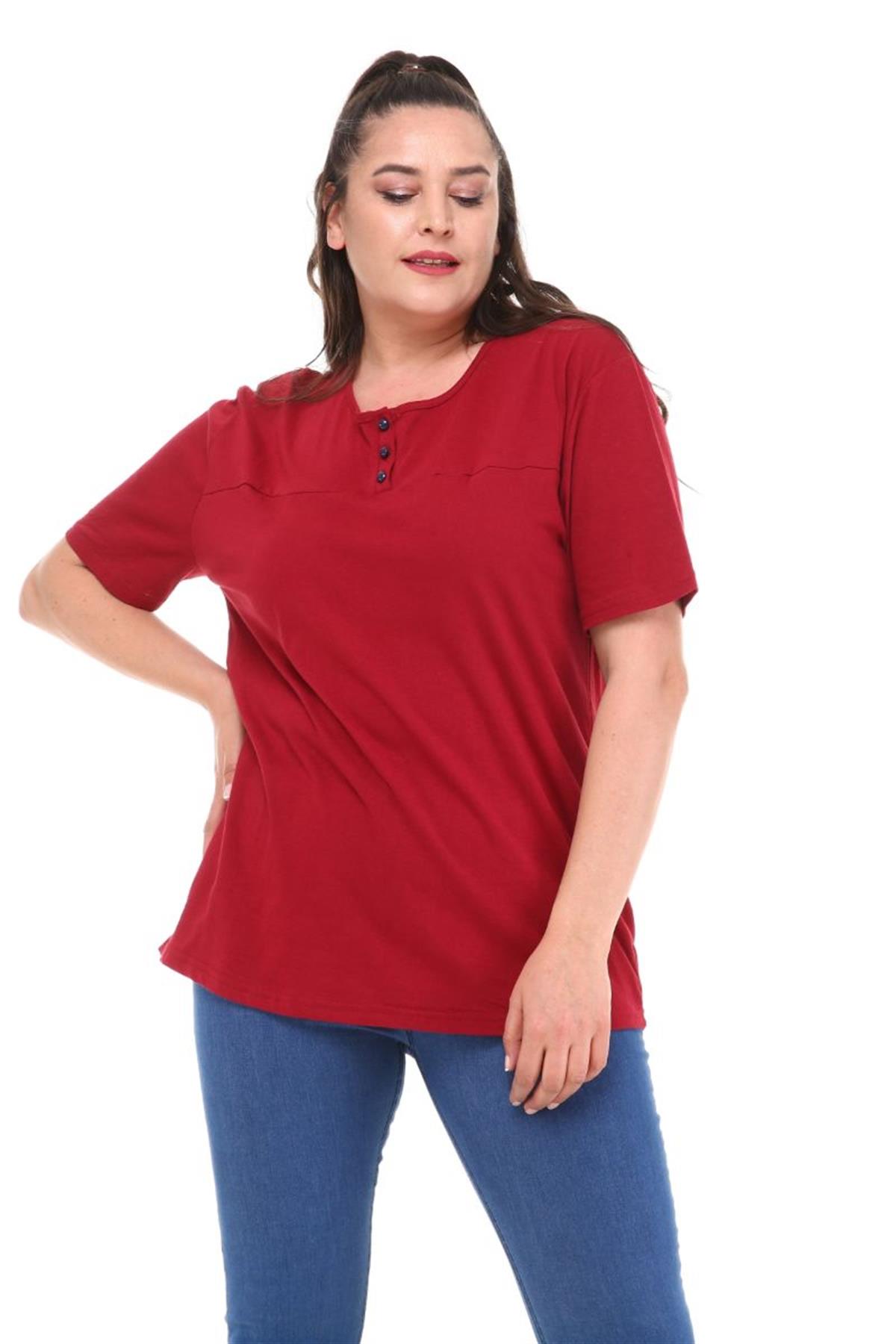 Tshirt Büyük Beden Üç Düğmeli Yarım Kol Bluz Bordo