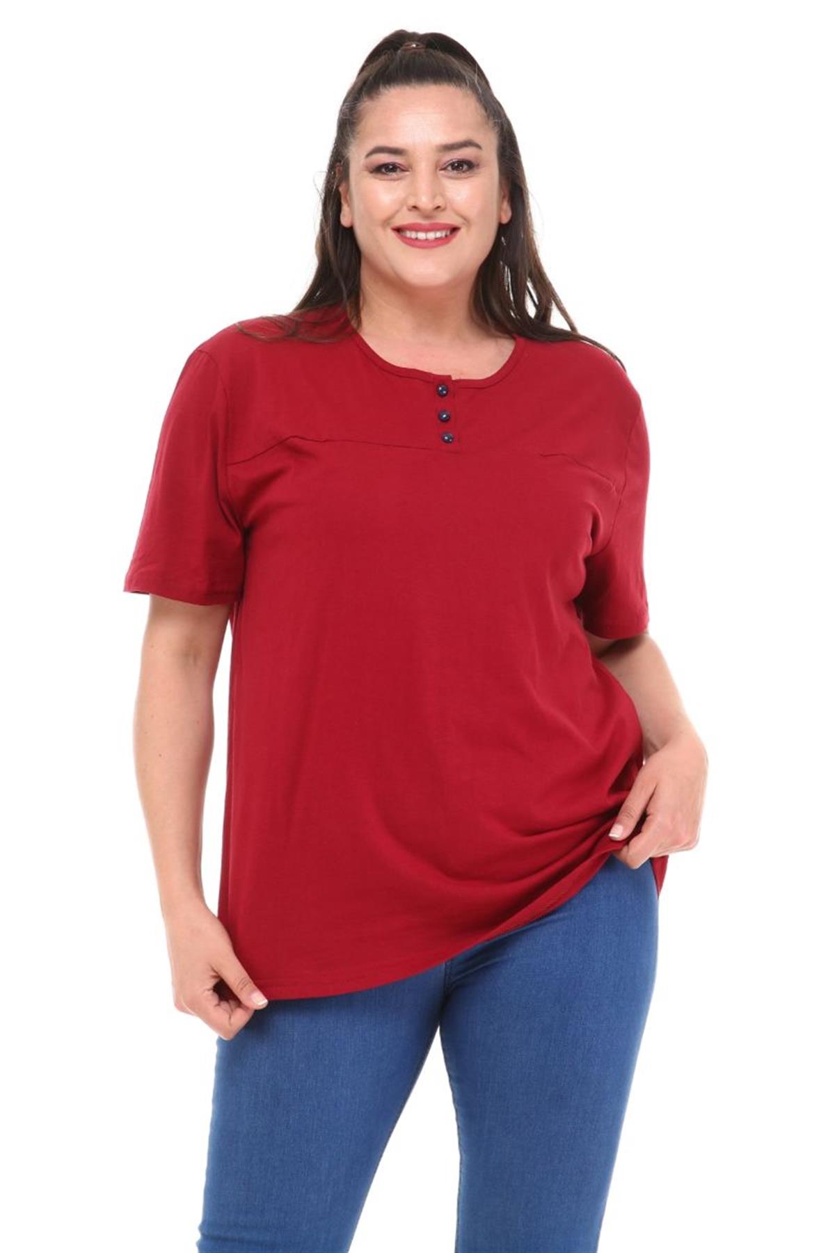 Tshirt Büyük Beden Üç Düğmeli Yarım Kol Bluz Bordo