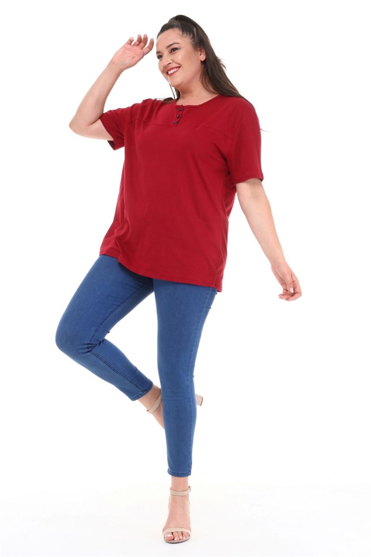 Tshirt Büyük Beden Üç Düğmeli Yarım Kol Bluz Bordo