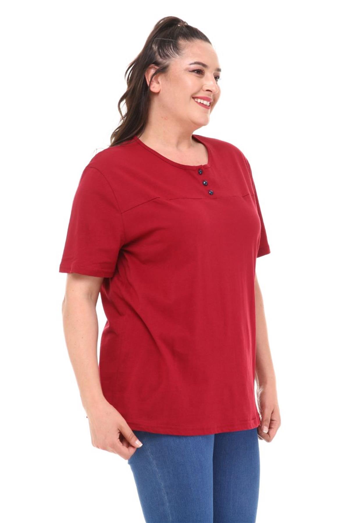 Tshirt Büyük Beden Üç Düğmeli Yarım Kol Bluz Bordo