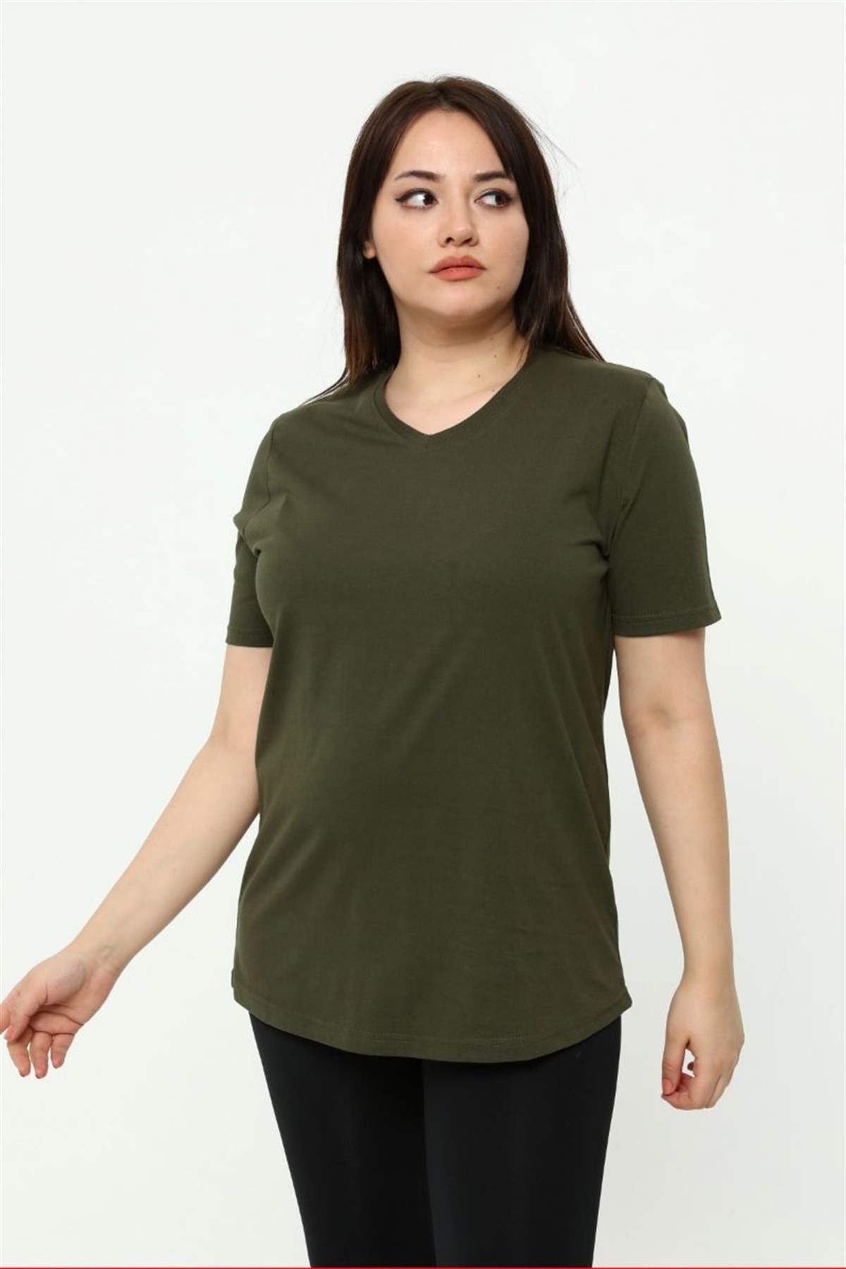 Tshirt Büyük Beden V Yaka Basic T-Shirt Haki