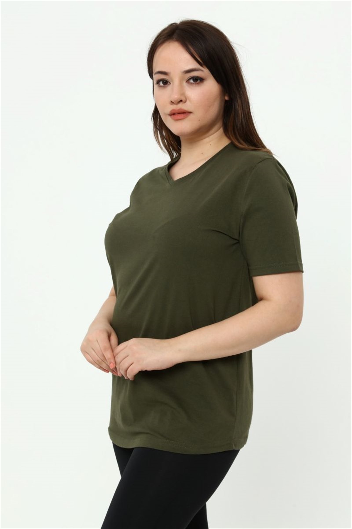 Tshirt Büyük Beden V Yaka Basic T-Shirt Haki
