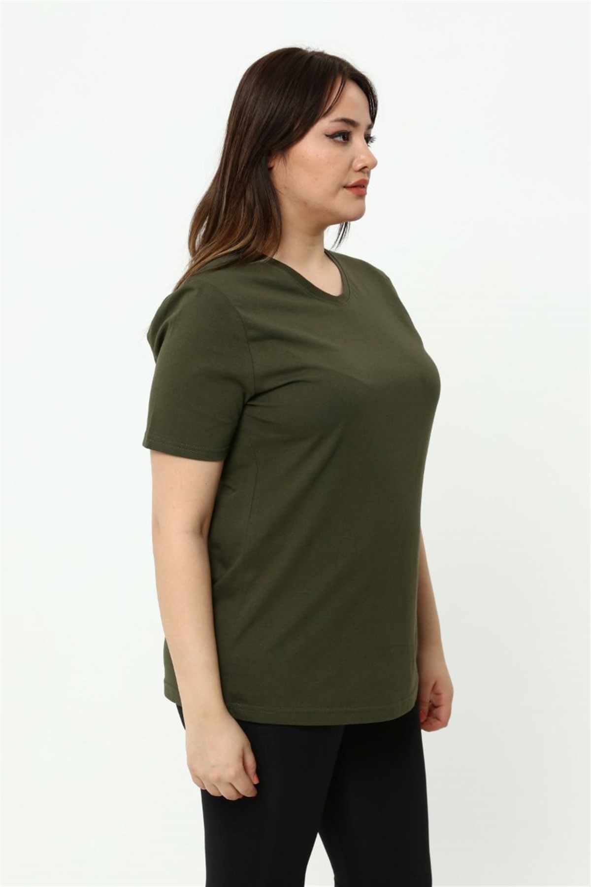 Tshirt Büyük Beden V Yaka Basic T-Shirt Haki