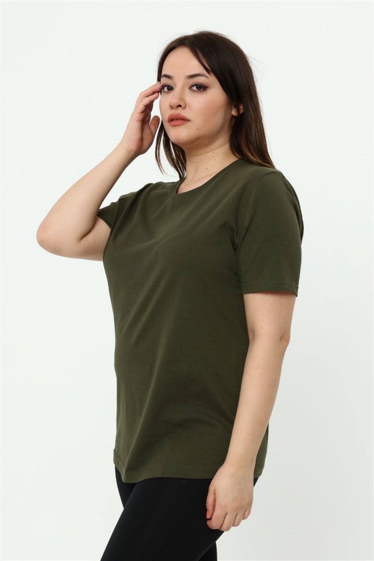 Tshirt Büyük Beden V Yaka Basic T-Shirt Haki