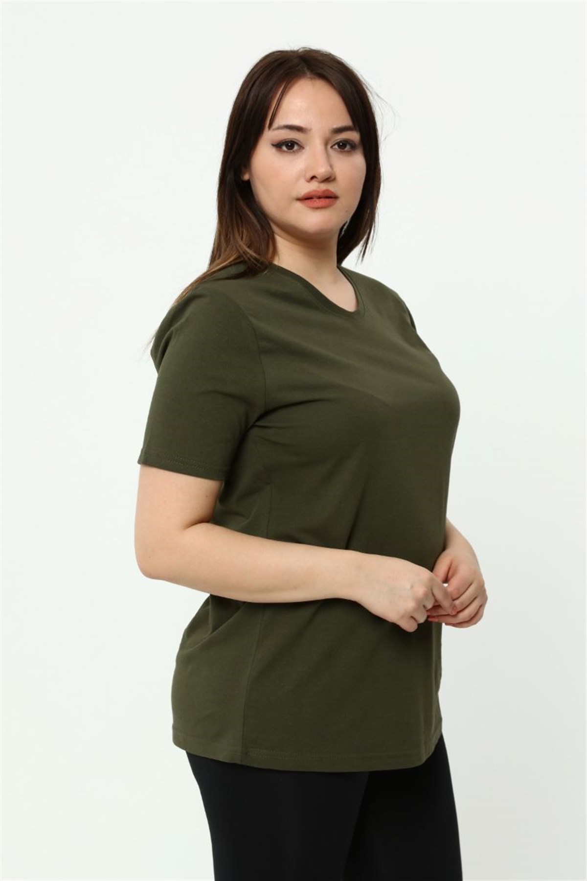 Tshirt Büyük Beden V Yaka Basic T-Shirt Haki