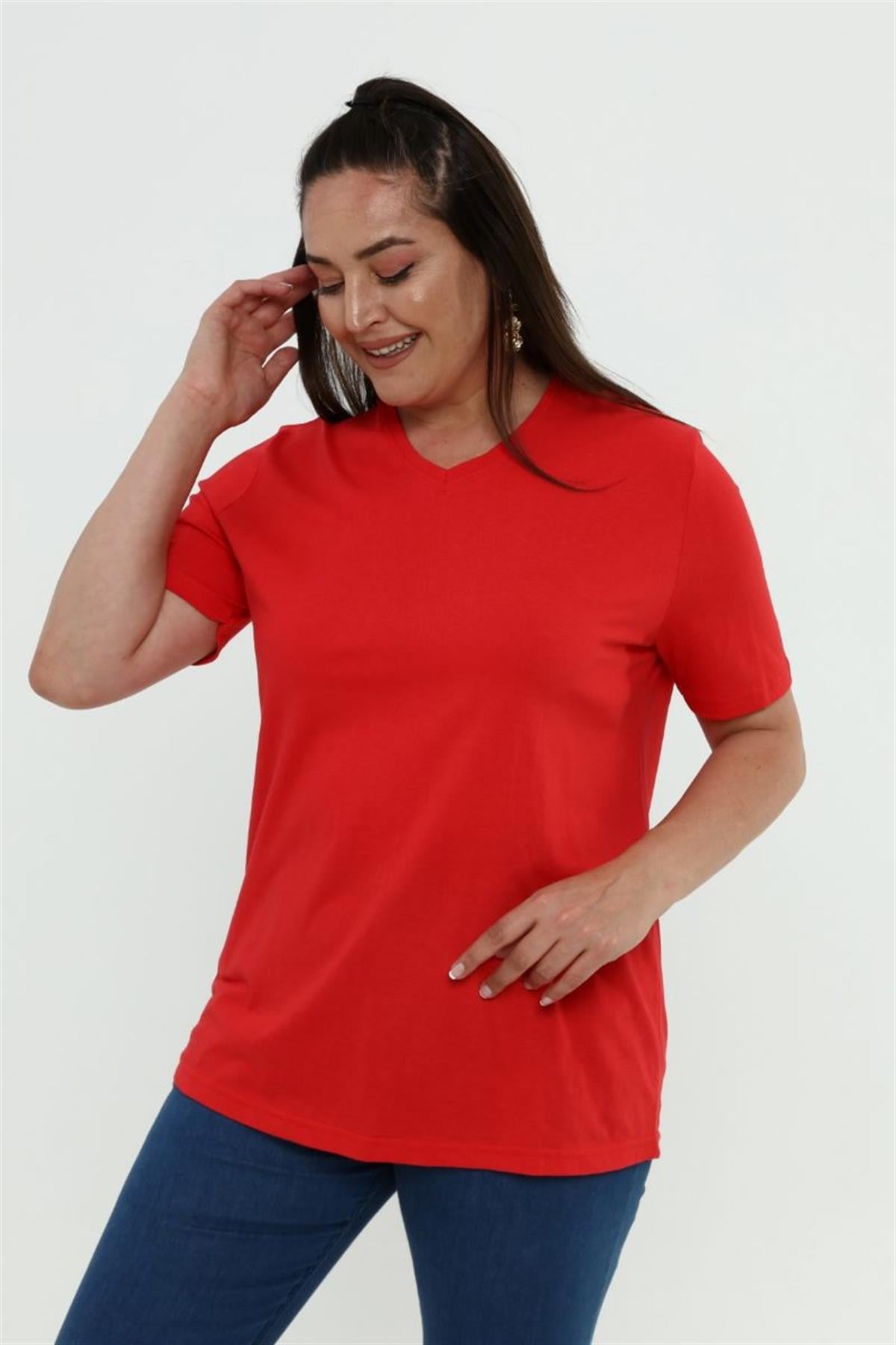 Tshirt Büyük Beden V Yaka Basic T-Shirt Kırmızı