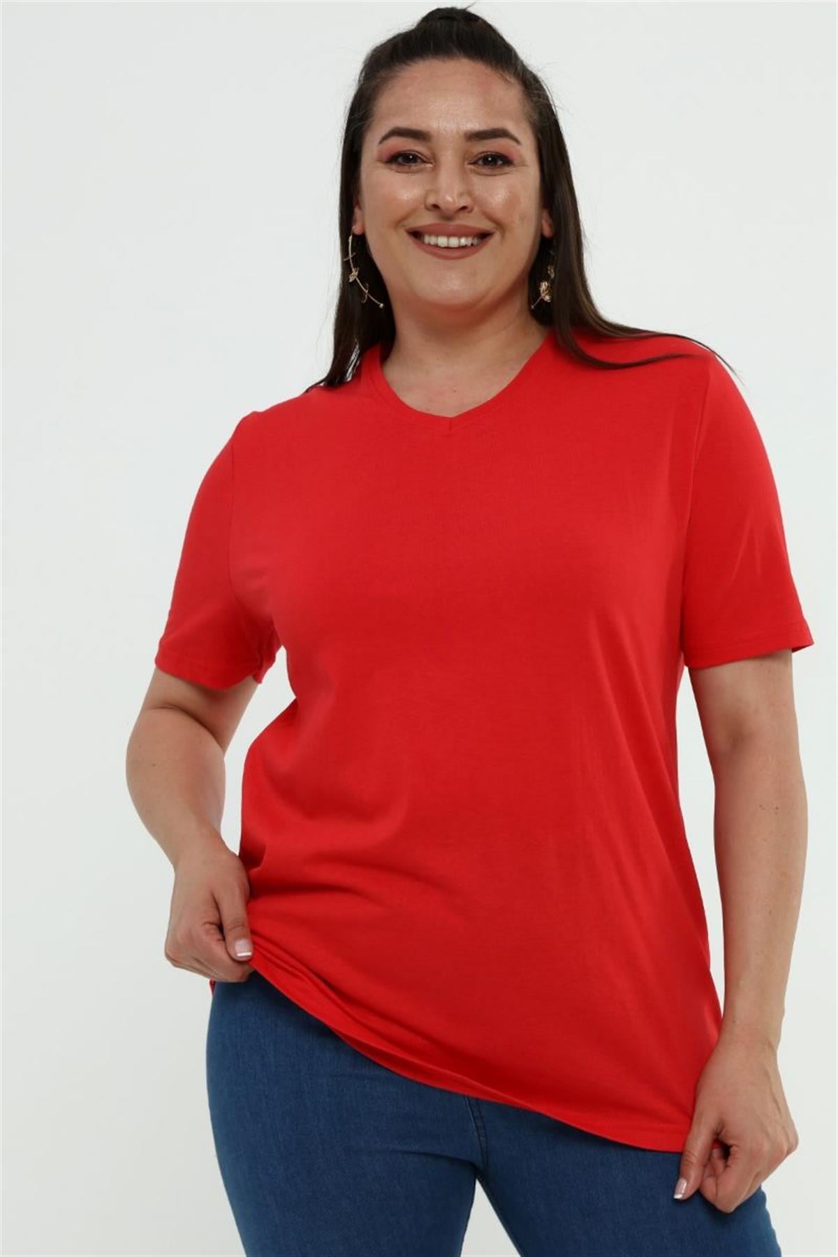 Tshirt Büyük Beden V Yaka Basic T-Shirt Kırmızı