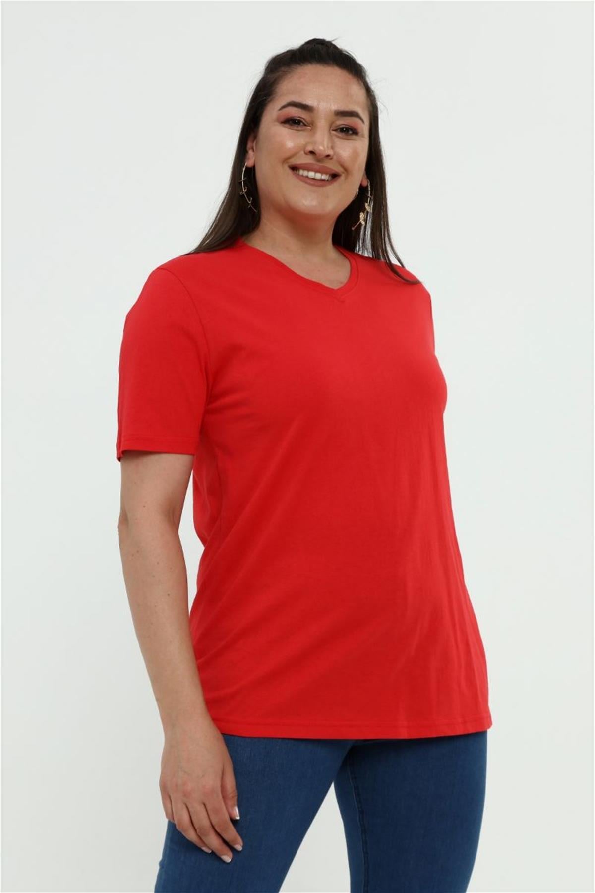 Tshirt Büyük Beden V Yaka Basic T-Shirt Kırmızı