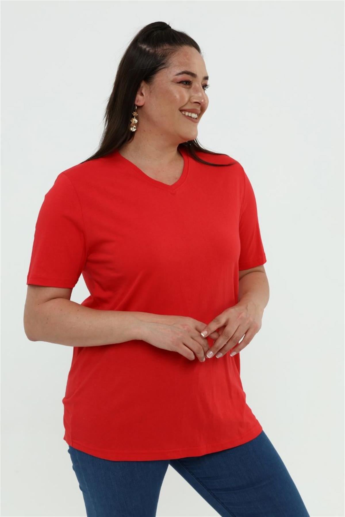 Tshirt Büyük Beden V Yaka Basic T-Shirt Kırmızı