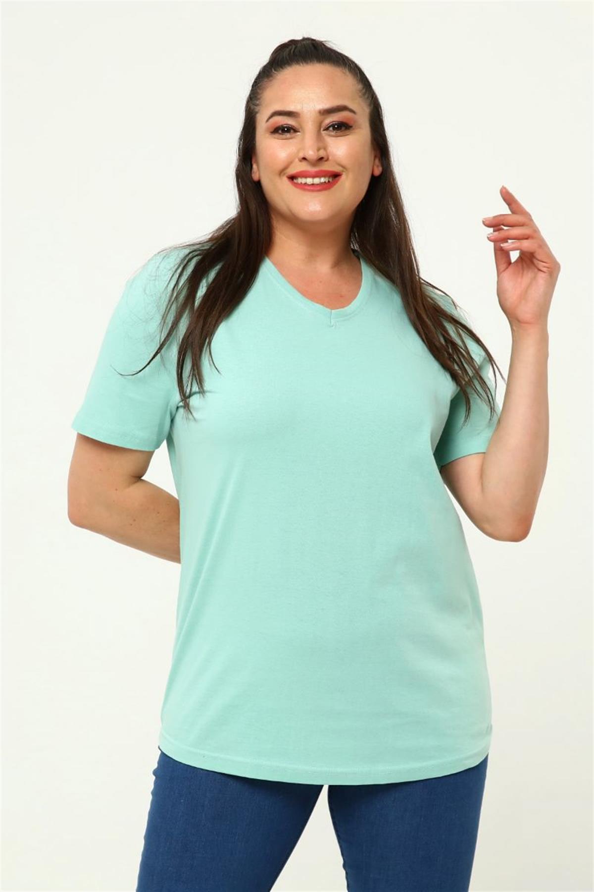 Tshirt Büyük Beden V Yaka Basic T-Shirt Mint Yeşili