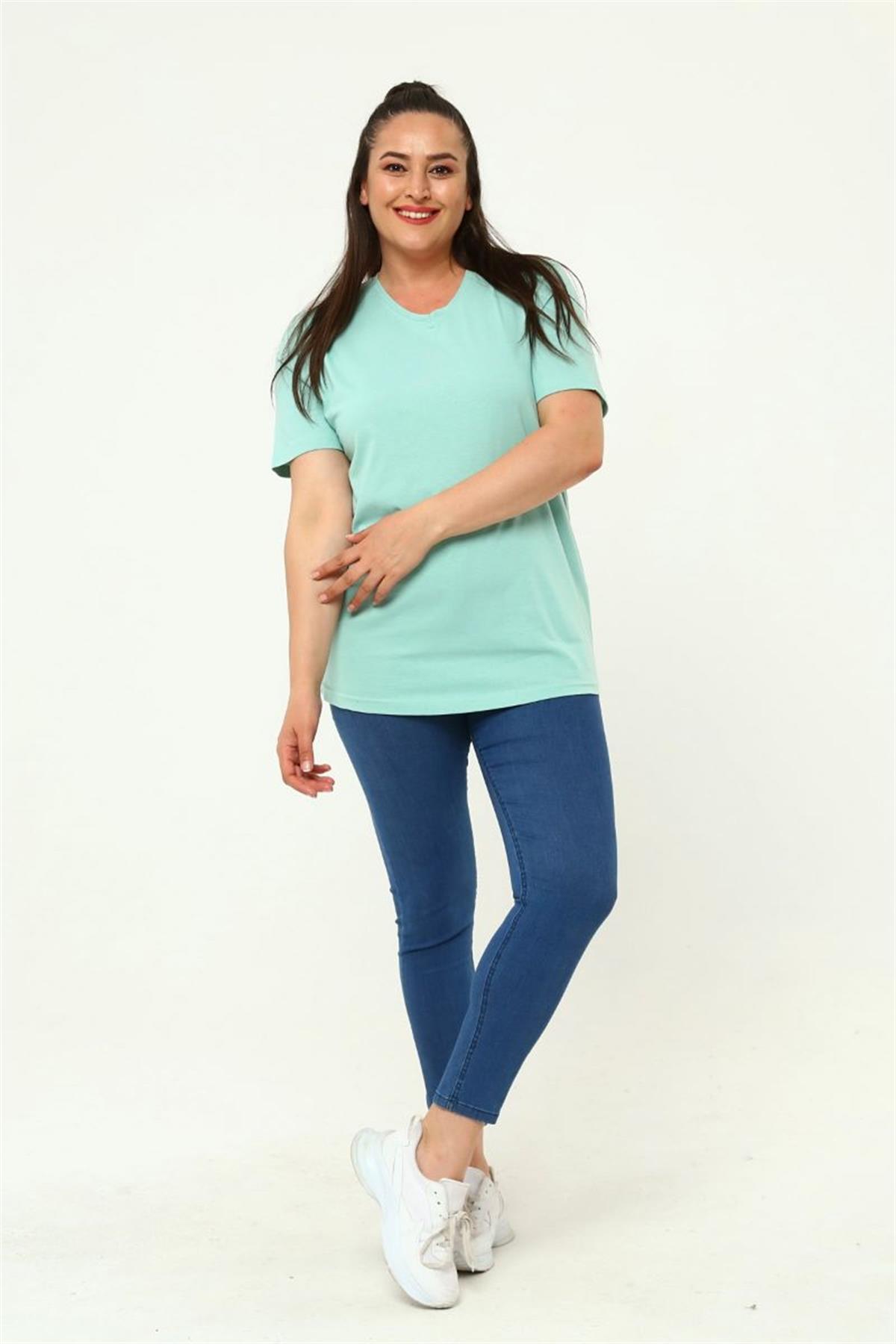 Tshirt Büyük Beden V Yaka Basic T-Shirt Mint Yeşili