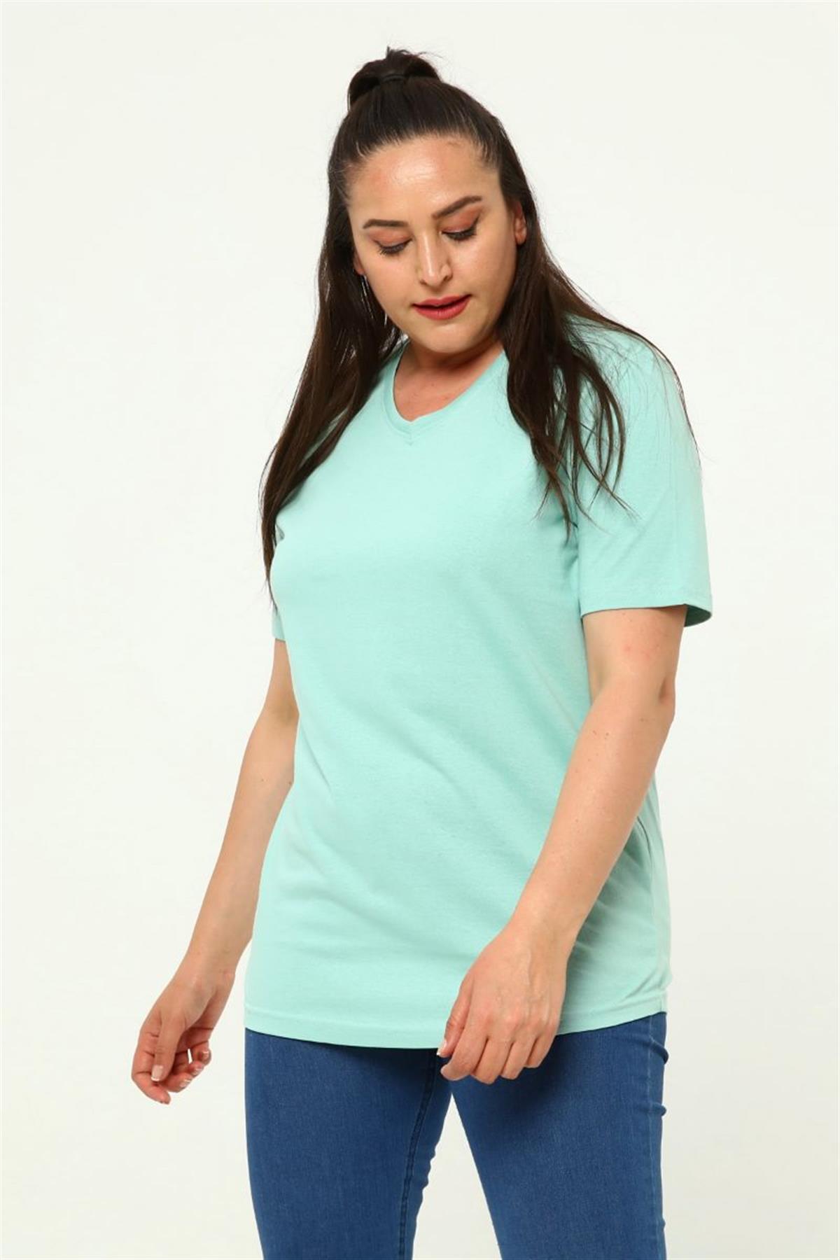 Tshirt Büyük Beden V Yaka Basic T-Shirt Mint Yeşili