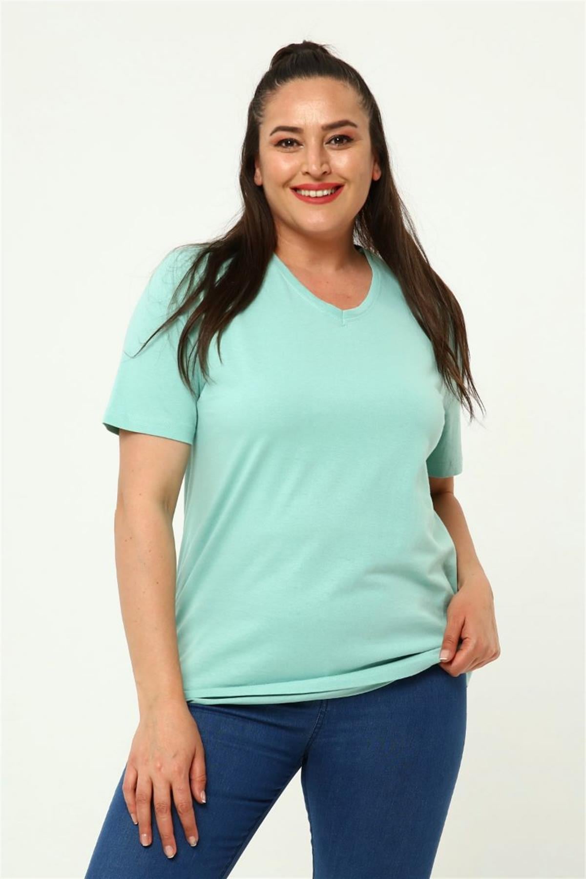 Tshirt Büyük Beden V Yaka Basic T-Shirt Mint Yeşili