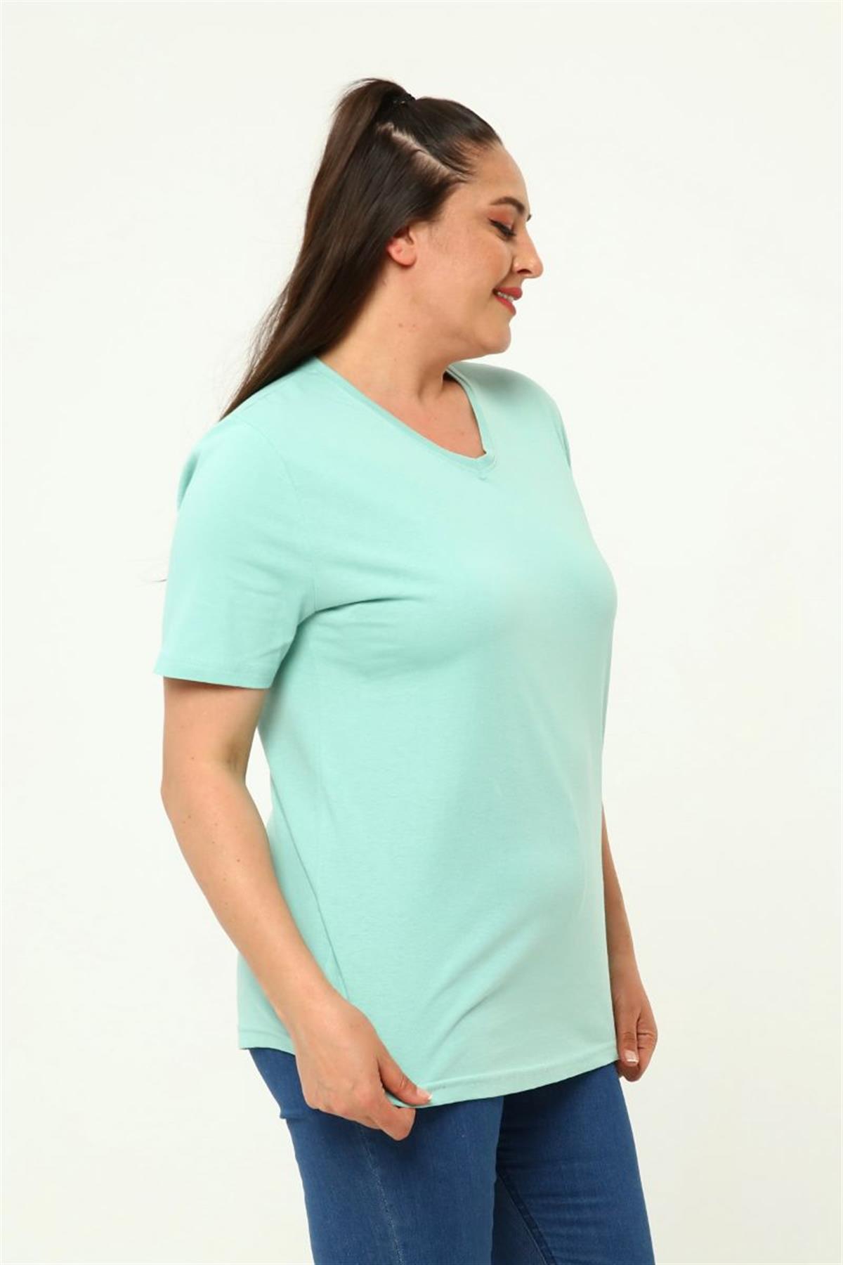 Tshirt Büyük Beden V Yaka Basic T-Shirt Mint Yeşili