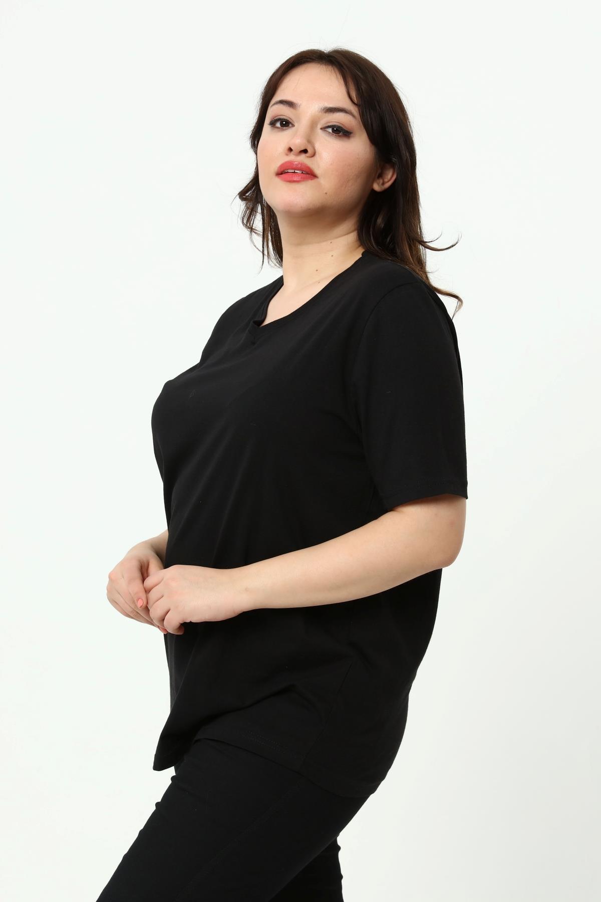 Tshirt Büyük Beden V Yaka Basic T-Shirt Siyah