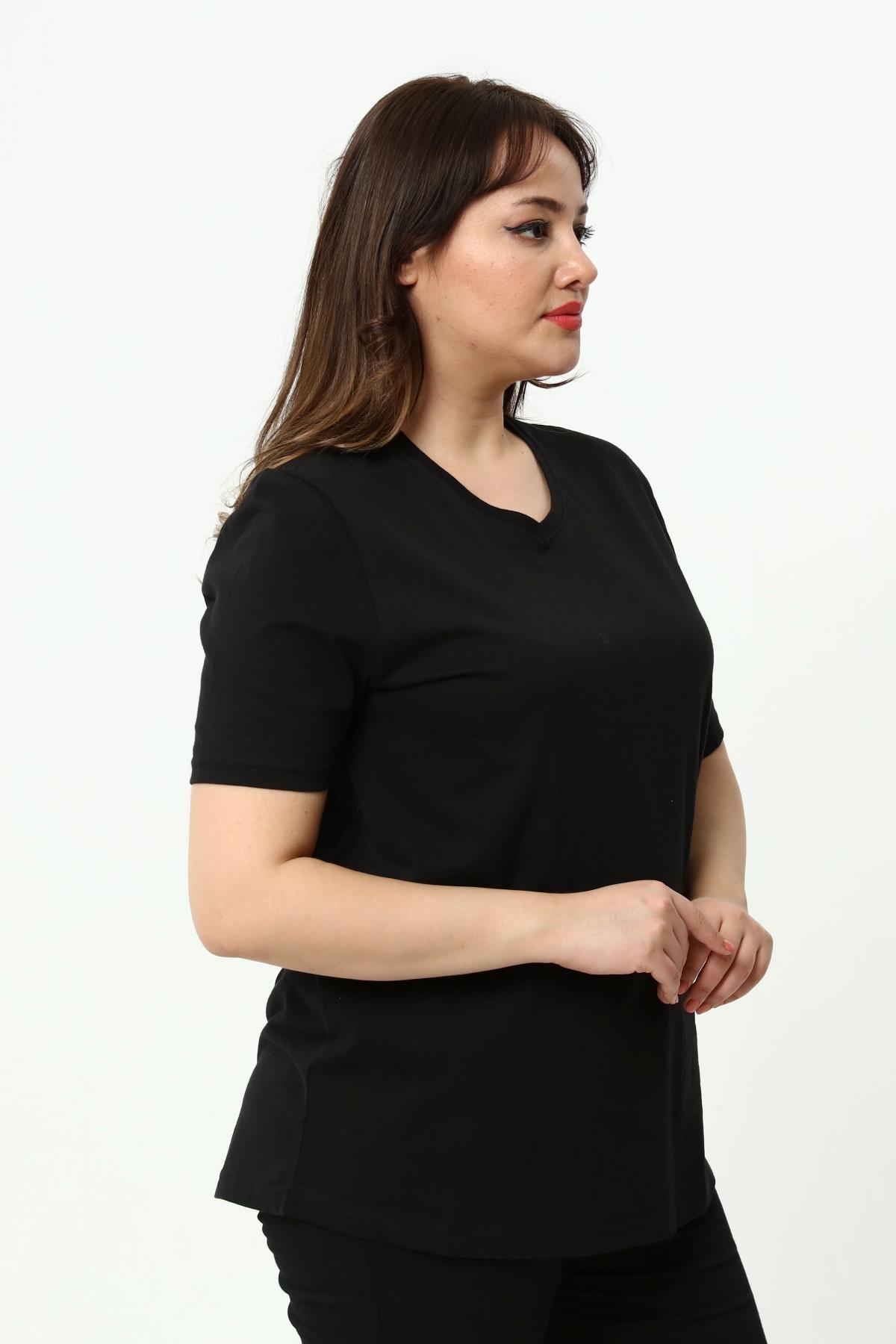 Tshirt Büyük Beden V Yaka Basic T-Shirt Siyah