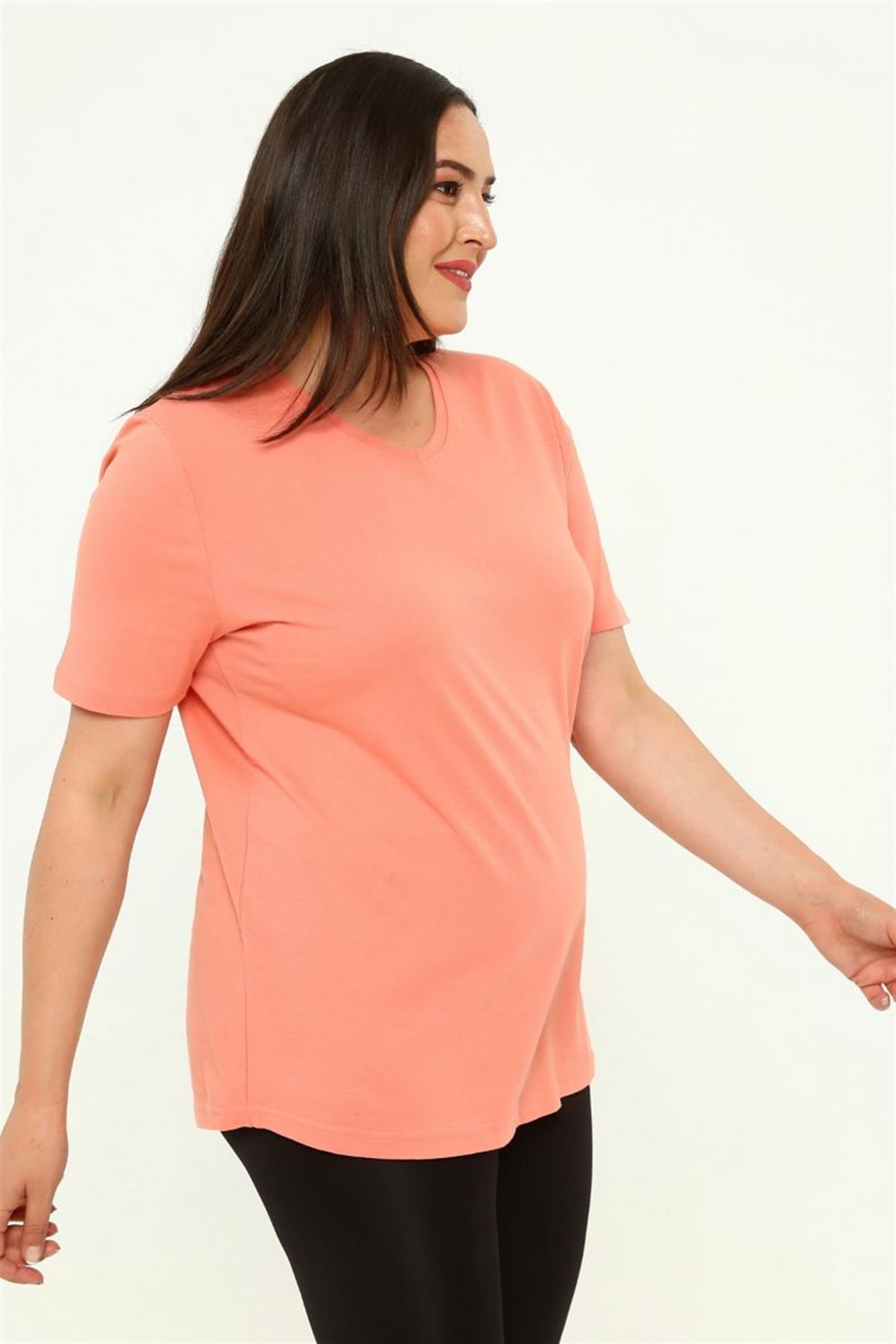 Tshirt Büyük Beden V Yaka Basic T-Shirt Yavruağzı