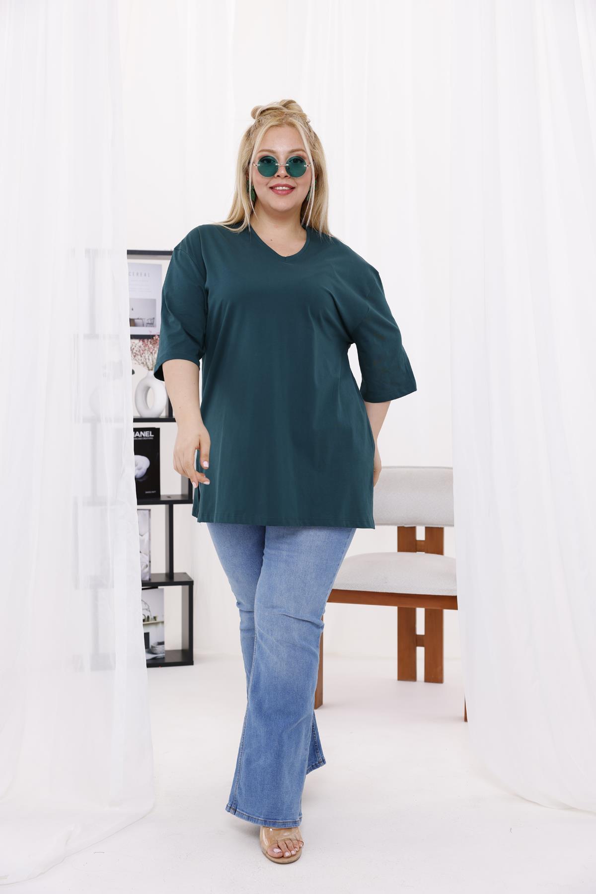 Tshirt Büyük Beden V Yaka Oversize Yırtmaçlı Tshirt