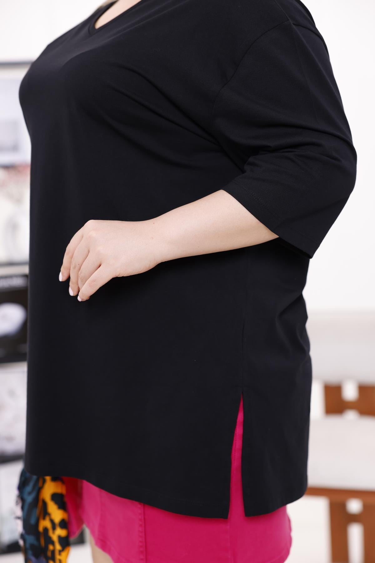 Tshirt Büyük Beden V Yaka Oversize Yırtmaçlı Tshirt