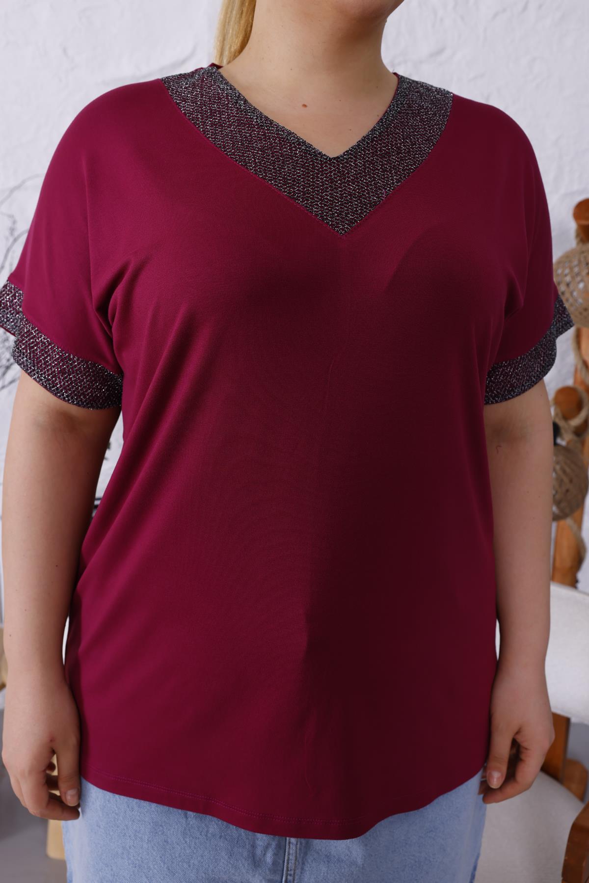 Kısa Kol Bluz Büyük Beden V Yaka Yakası Kolları Simli Bluz