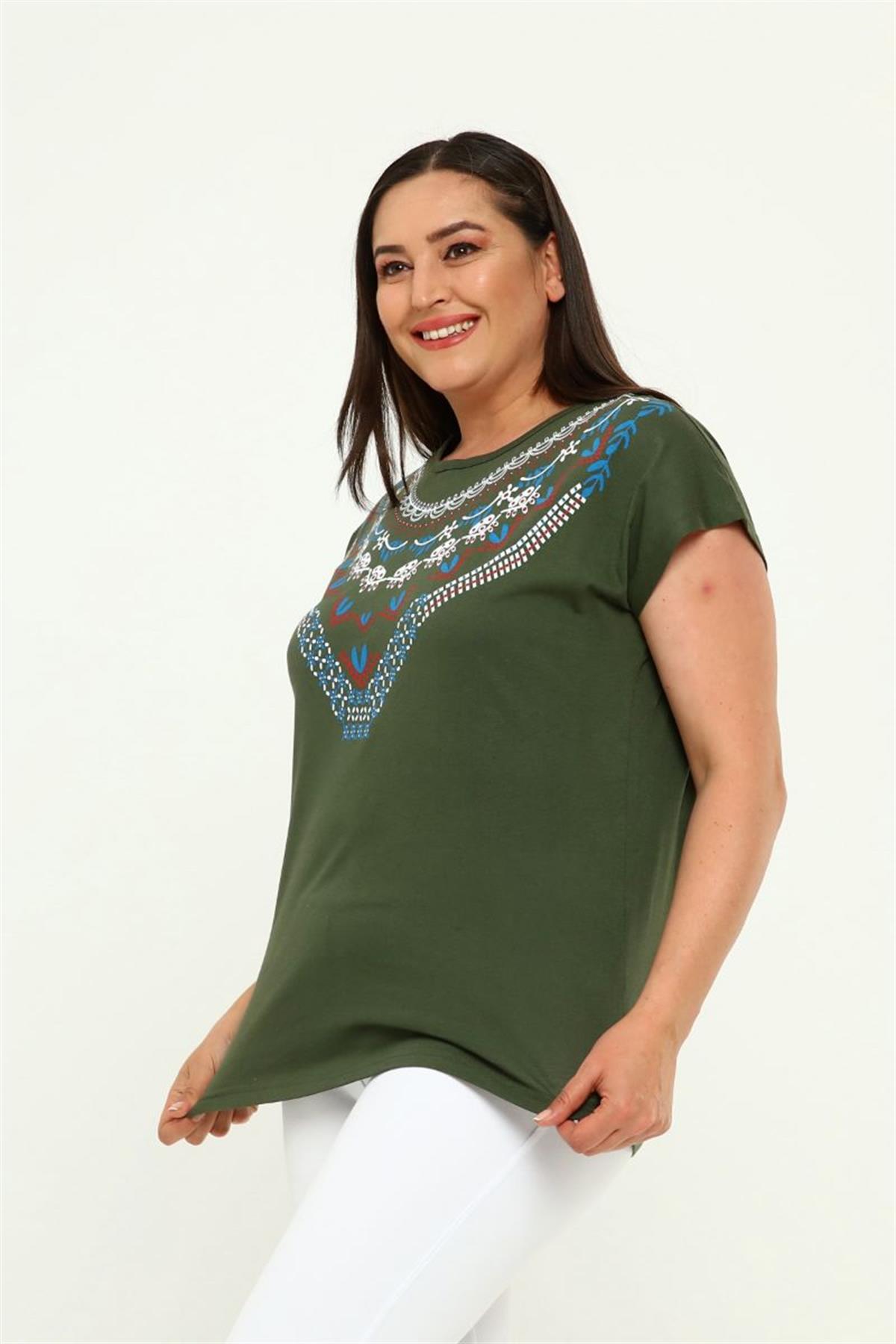 Tshirt Büyük Beden Yakası Baskılı Yarasa Kol T-Shirt Haki