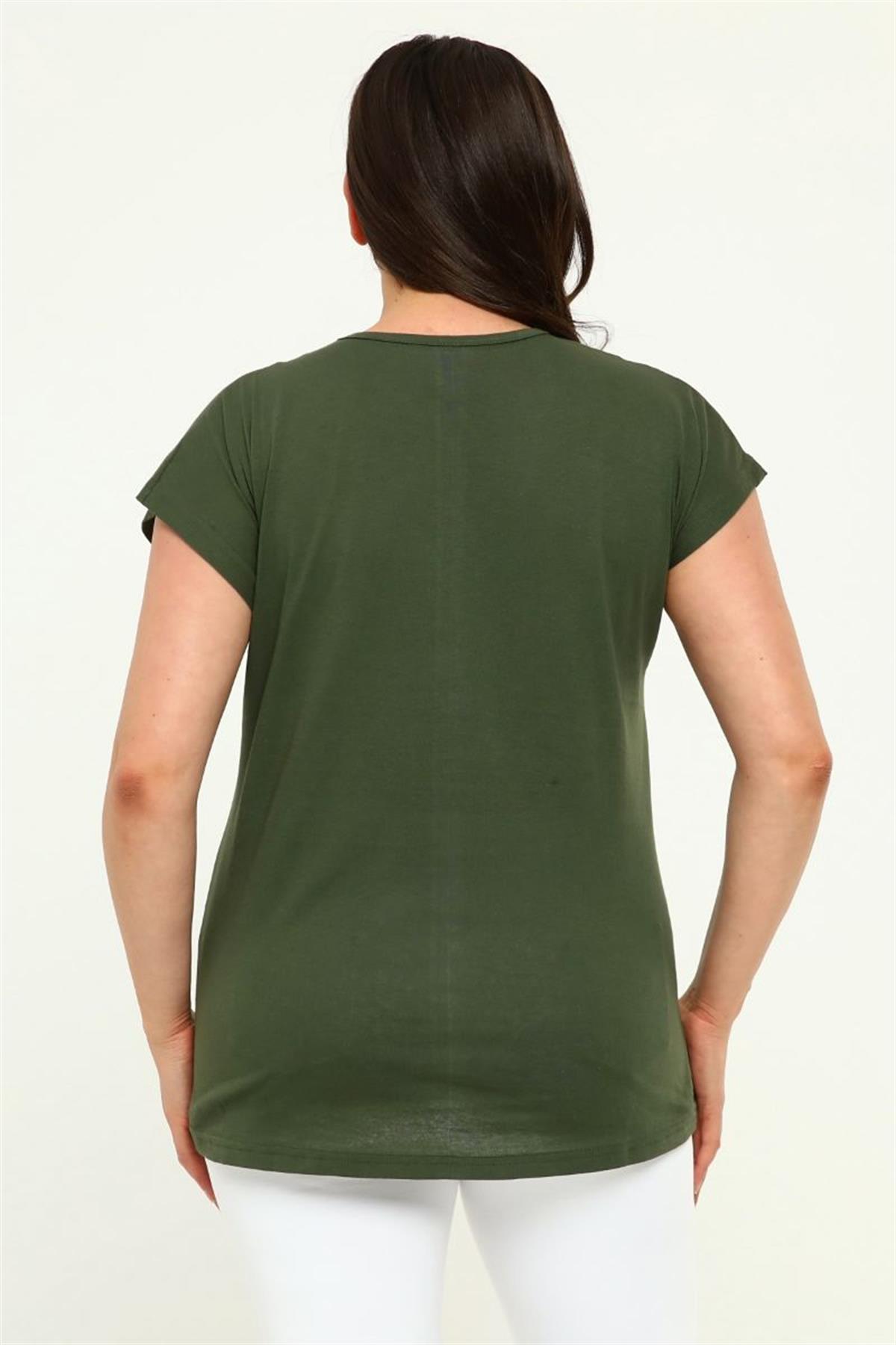 Tshirt Büyük Beden Yakası Baskılı Yarasa Kol T-Shirt Haki
